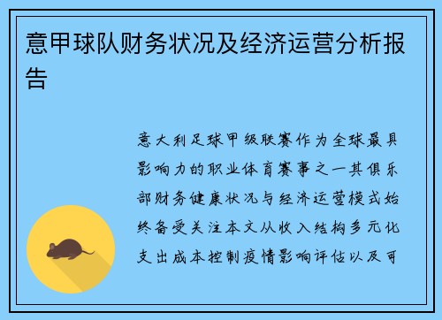 意甲球队财务状况及经济运营分析报告